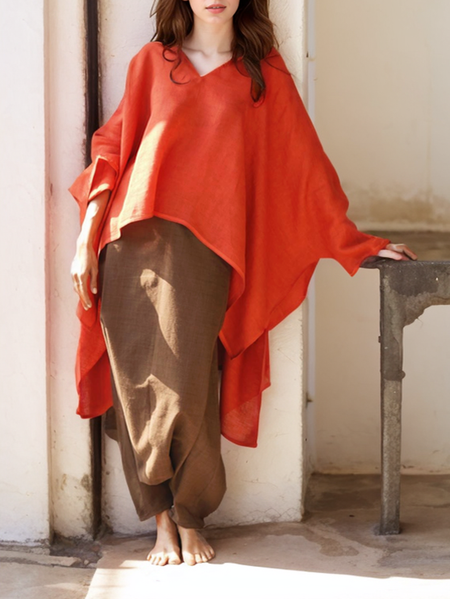 Loose Plain Linen Blouse, Red, Long/Full Length Sleeve