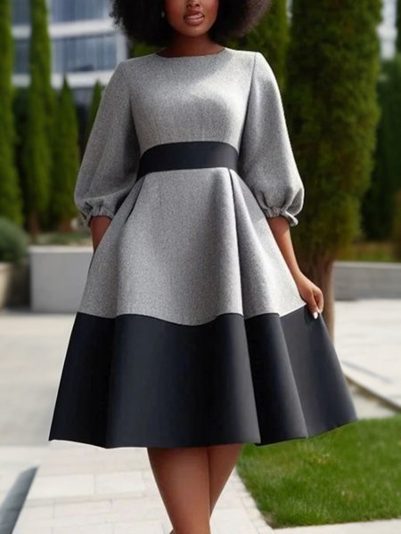 

Crew Neck Regular Fit Urban Color Block Midi Dress, Black-grey, Midi Dresses