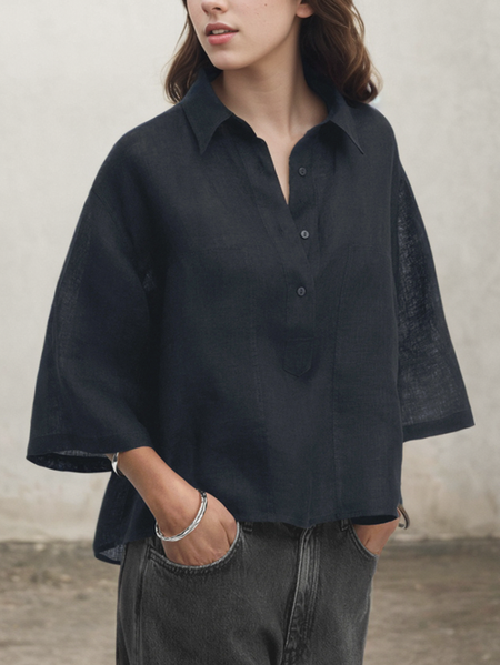 

Linen Loose Blouse, Black, Short/3/4 Length Sleeve