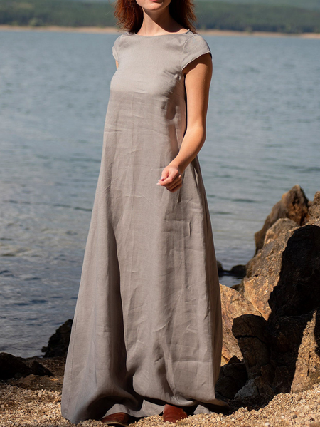 

Linen Plain Loose Crew Neck Dress With No, Deep khaki, Maxi Dresses