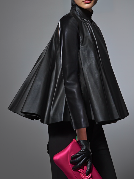 Urban Stand Collar Faux Leather Top With a Big Hemline, Black, Tops