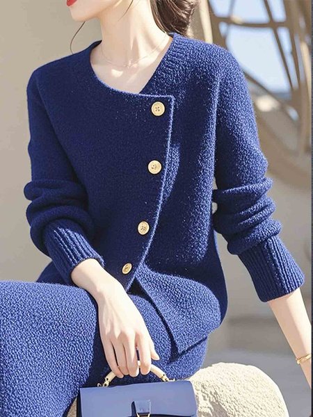 Elegant Buttoned Cardigan Sweater, Deep blue, Cardigans