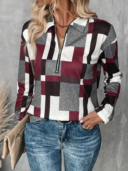 

Shirt Collar Long Sleeve Plain Lace Regular Micro-Elasticity Loose Blouse For Women, Red, Blouses