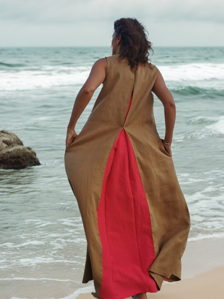 

Loose Linen Dress With No, Khaki, Maxi Dresses