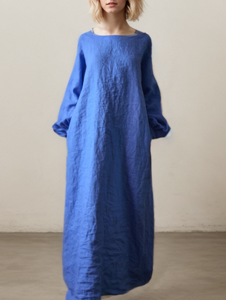 

Cotton And Linen Plain Linen Dress With No, Blue, Maxi Dresses