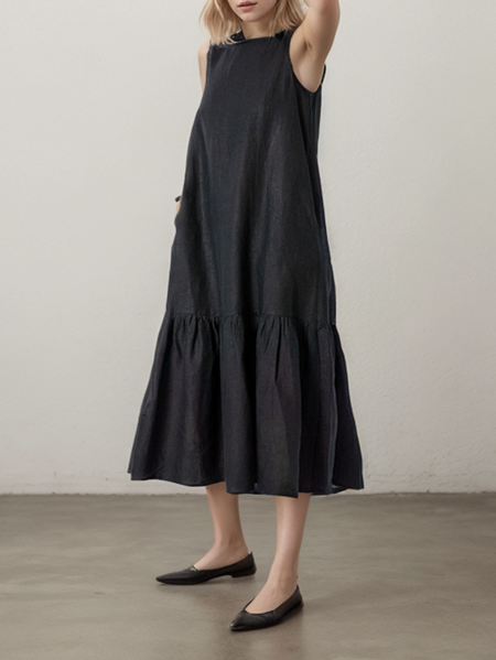 

Cotton And Linen Loose Linen Dress With No, Black, Maxi Dresses