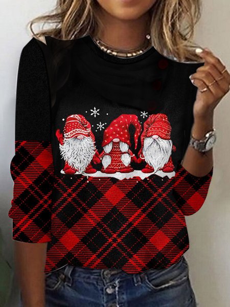 

Women's Long Sleeve Tee T-shirt Spring/Fall Plaid Printing Jersey Crew Neck Holiday Going Out Casual Top, Wine red, T-Shirts