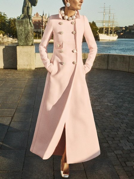 Buttoned Elegant Wool-Blend Plain Long Sleeve Coat, Light pink, Coats
