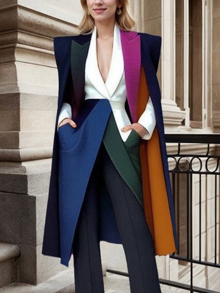 

Urban Lapel Collar Color Block Loose Cloak, As picture, Poncho and Capes