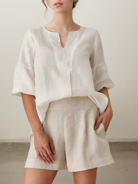 

Loose Linen Blouse, White, Short/3/4 Length Sleeve