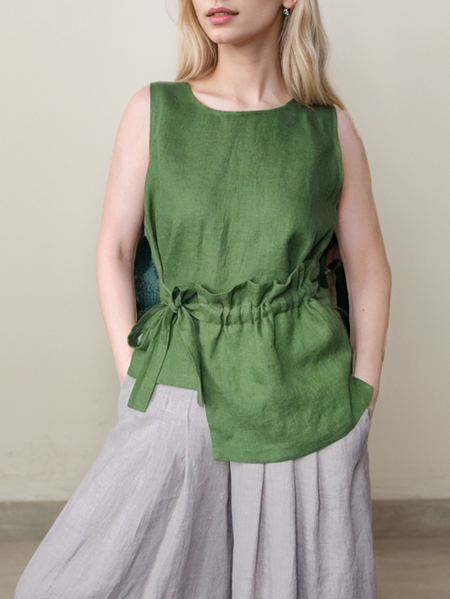 

Linen Plain Tank Top, Green, Tank Tops & Camis