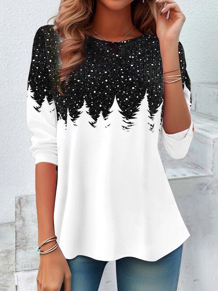 

Christmas Tree Design Round Neck Casual T-Shirt, Black, Long sleeves