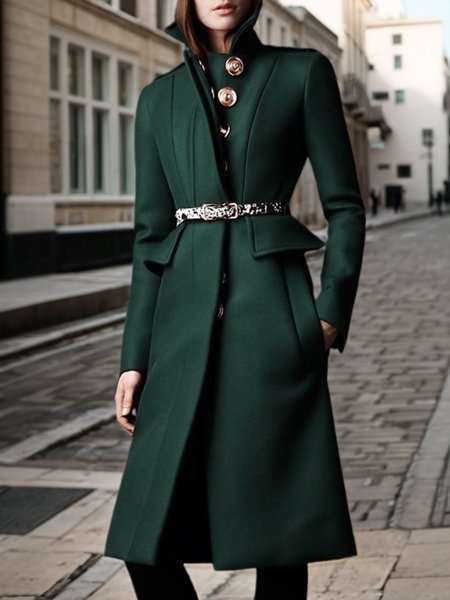 

Urban Buttoned Wool-Blend Long Sleeve Coat With No Belt, Green, Coats