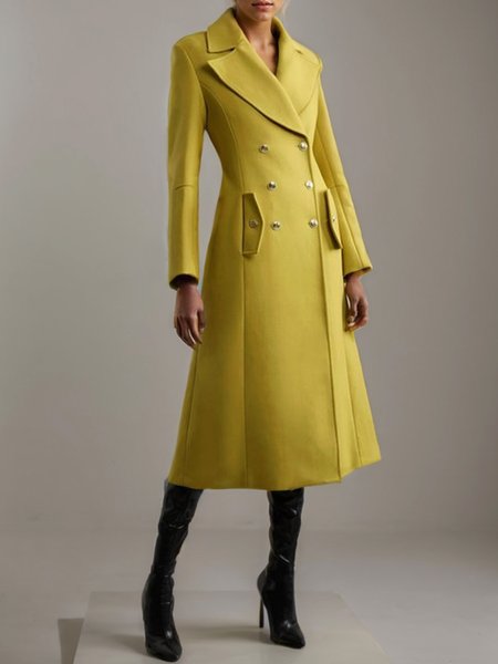 

Lapel Collar Buttoned Urban Plain Long Sleeve Coat, Yellow, Coats