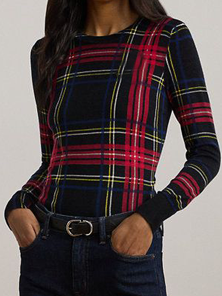 

Tight High Elasticity Crew Neck Plaid Urban T-Shirt, As picture, Tees