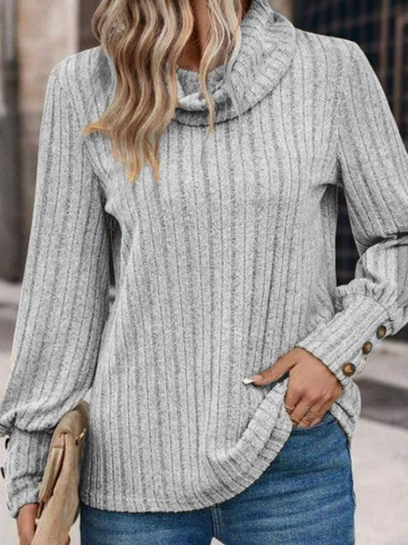 

Turtleneck Long Sleeve Plain Lace Regular Micro-Elasticity Loose Blouse For Women, Light gray, Blouses