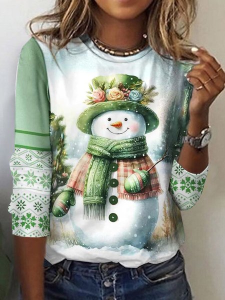 

Casual Christmas Snowman Crew Neck Long Sleeve T-shirt, Lightgreen, T-shirts