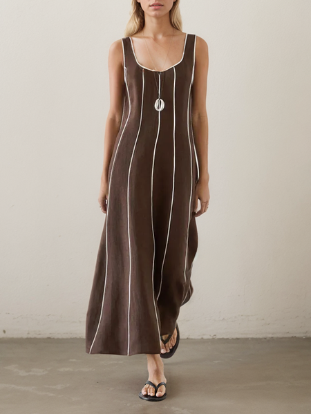 Linen Regular Fit Cotton And Linen Plain Dress With No, Brown, Maxi Dresses