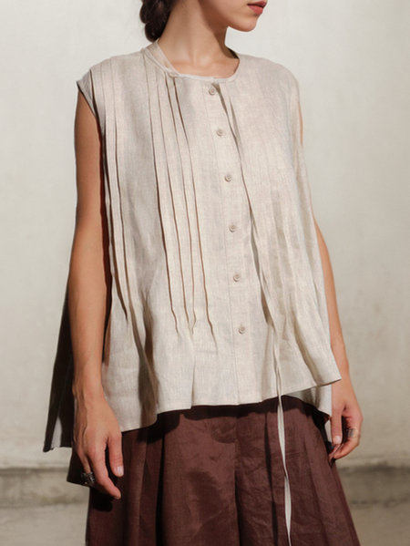

Loose Plain Linen Crew Neck Tank Top, Oatmeal, Tank Tops & Camis