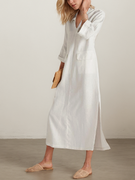 Regular Fit Plain V Neck Linen Dress With No, White, Maxi Dresses