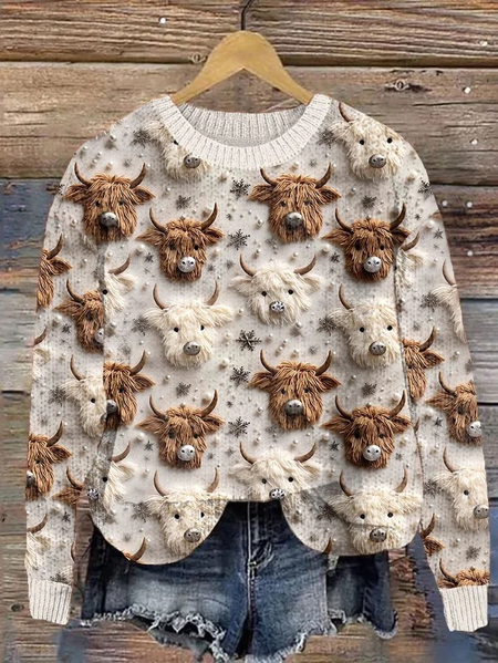 

Womens Vintage Highland Cow Loose 3D Printing Crew Neck Casual Sweater, As picture, Sweaters