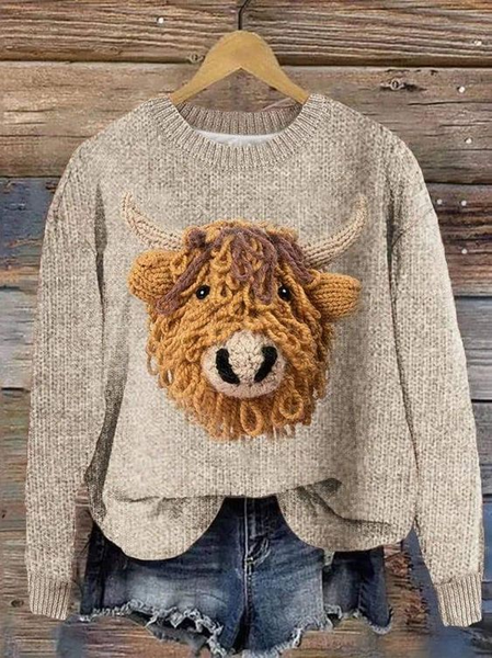 

Women's Vintage Highland Cow Print Crew Neck Sweater, As picture, Sweaters