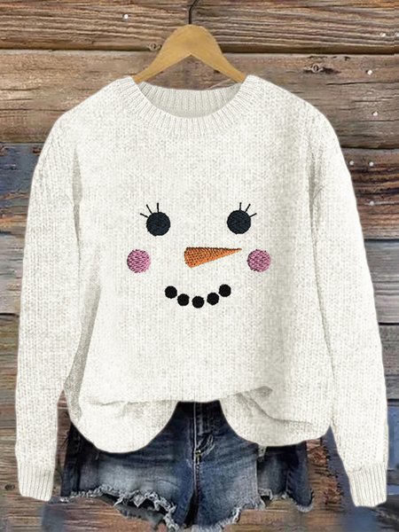 Christmas Snowman Pattern Round Neck Sweater, White, Sweaters