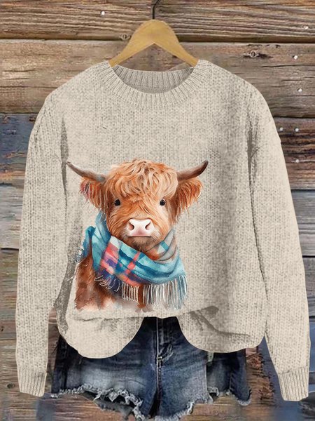 

Scottish Highland Bull Round Neck Sweater, Apricot, Sweaters