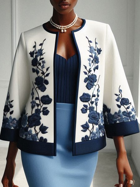

Regular Sleeve Floral Elegant Jacket, Blue, Jackets