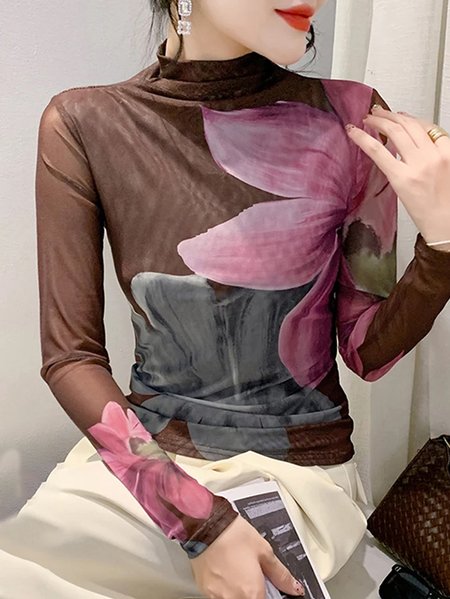 

Regular Sleeve Regular Fit Casual Mock Neck Floral T-Shirt, As picture, Tees