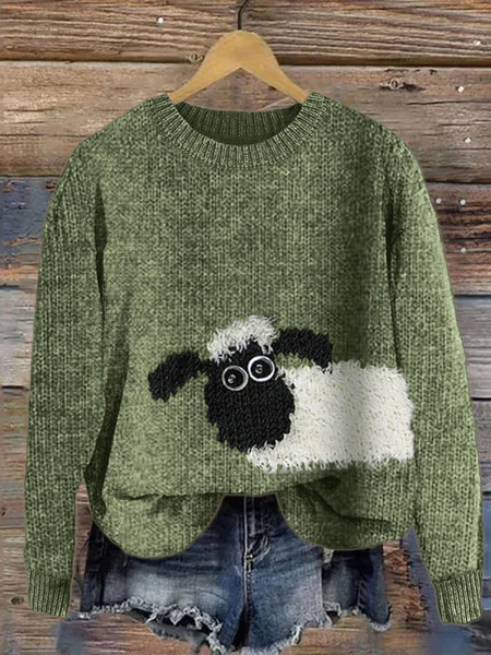 

Women's Cute Sheep Print Knitted Crew Neck Casual Sweater, Green, Sweaters