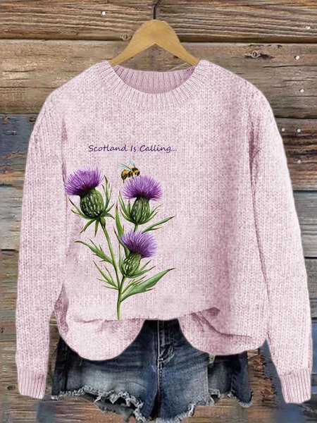 

Purple plant flower round neck sweater, Pink, Sweaters