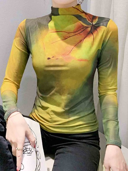 

Floral Stand Collar Long Sleeve Casual Regular Fit T-Shirt, As picture, Tees