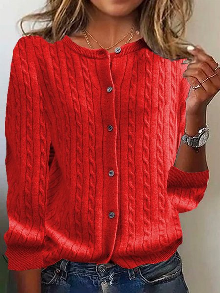 

Women's Solid Plain Buttoned Spring/Fall Casual Long Sleeve Crew Neck Sweater, Red, Sweaters