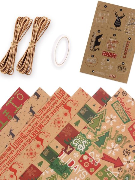 

Christmas Kraft Wrapping Paper DIY Set - 6 Sheets with Santa Claus, Trees and More, Shape1, Other Accs