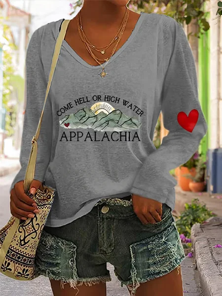 

Women's Appalachia Strong Print Casual Long Sleeve T-Shirt, Gray, Long sleeves