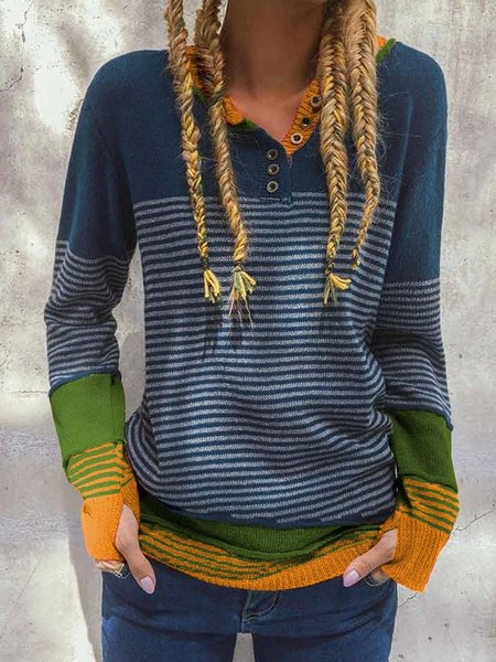 

Women Yarn/Wool Yarn Striped Long Sleeve Comfy Casual Sweater, Navy, Sweaters