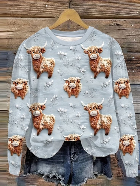 

Women's Vintage Highland Cow Print Regular Fit Sweatshirt, As picture, Hoodies&Sweatshirts