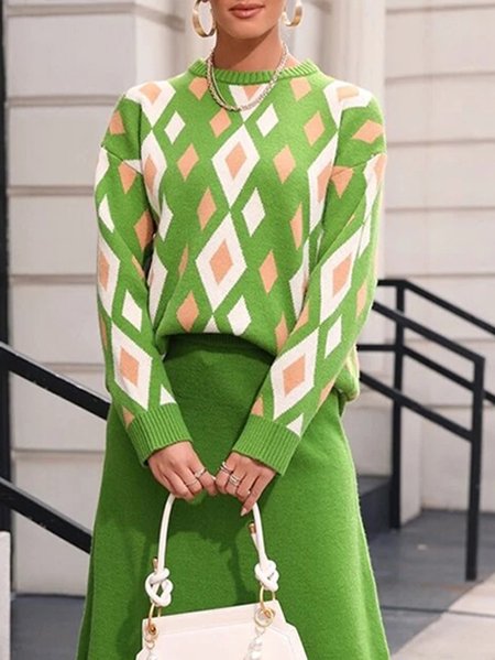 

Casual Crew Neck Geometric Regular Sleeve Sweater, Green, Pullovers