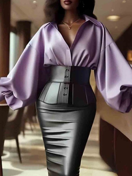 

Balloon Sleeve Loose Shirt Collar Plain Urban Shirt, Light purple, Blouses and Shirts