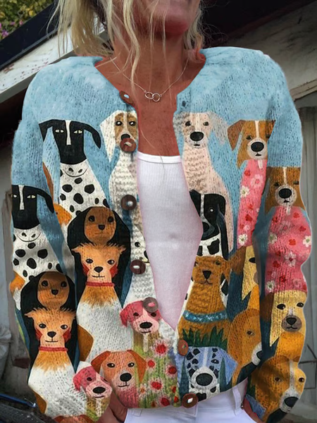 

Women'S Funny Dog Art Print Button Cardigan, Blue, Cardigans