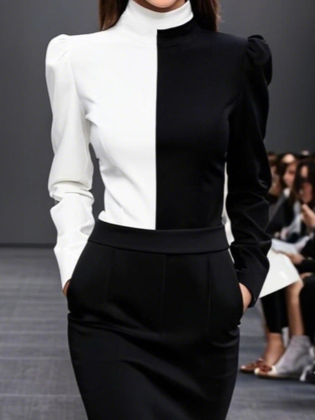 Urban Puff Sleeve Stand Collar Long Sleeve Regular Fit Blouse, Black-white, Blouses and Shirts