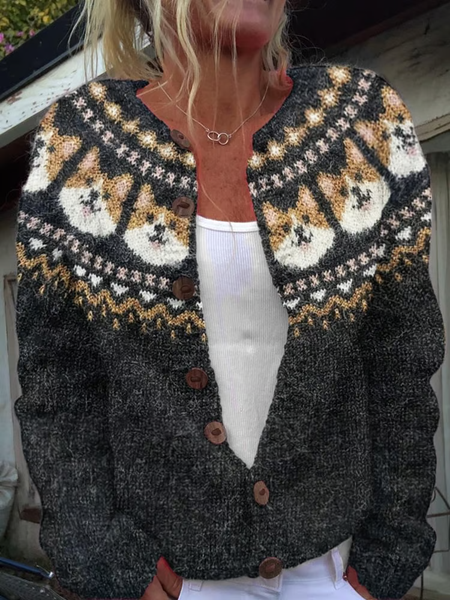 

Women's Cute Dog Pattern Print Knit Cardigan, Black, Cardigans