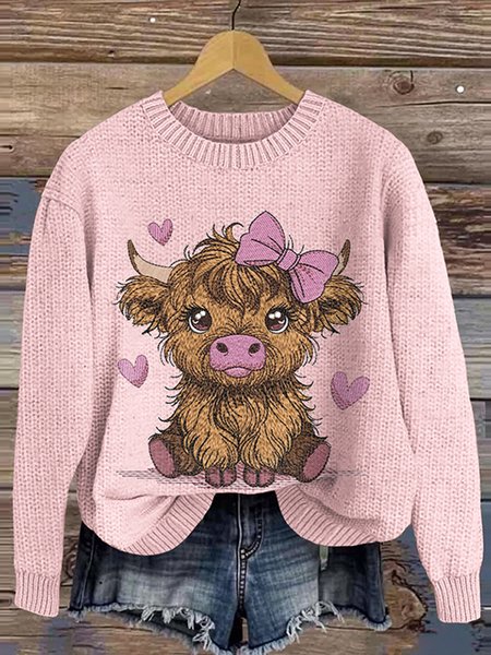 Highland Cow Love Pattern Round Neck Sweater, Pink, Sweaters