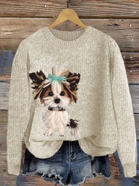 Cute puppy round neck sweater, Apricot, Sweaters