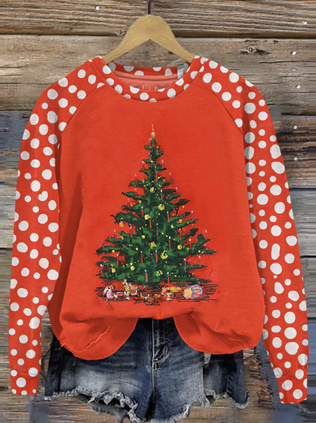 

Christmas tree polka dot color blocked round neck sweatshirt, Red, Hoodies&Sweatshirts