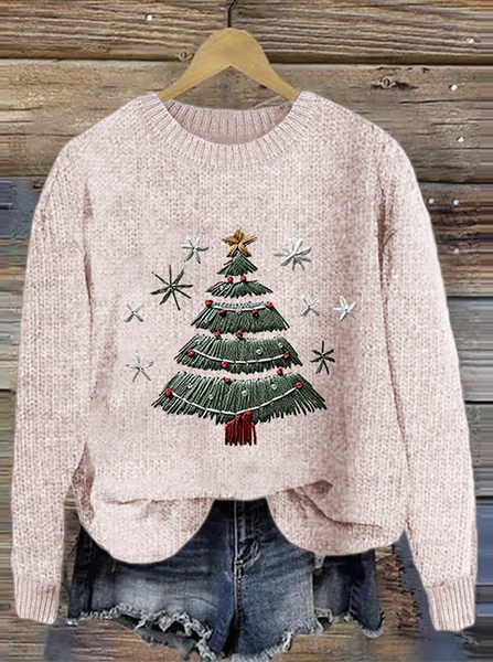 

Christmas Tree Pattern Knitted Round Neck Sweater, Pink, Sweaters