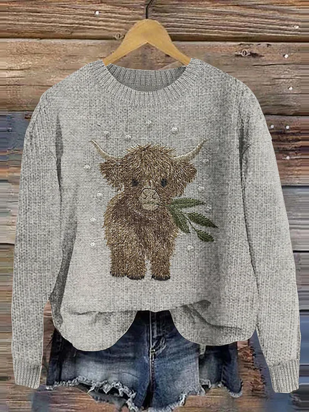 

Highland Cow Embroidered Printed Knitted Pullover Sweater, Gray, Sweaters