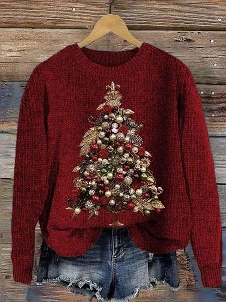 

Women Knitted Christmas Tree Long Sleeve Comfy Casual Sweater, Red, Sweaters