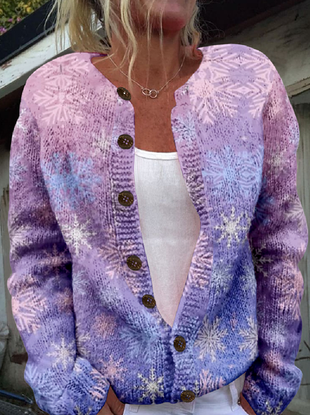 

Snowflake Crew Neck Vintage Loose Cardigan, As picture, Cardigans